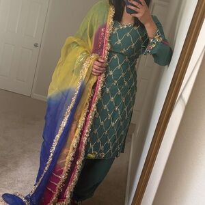 Vibrant Green Dress with Colorful Dupatta Indian suit Punjabi suit party outfit